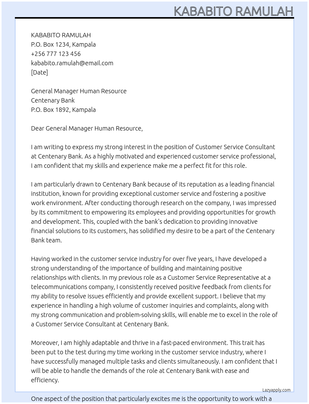 Customer Service Consultant At CENTENARY BANK Cover Letter