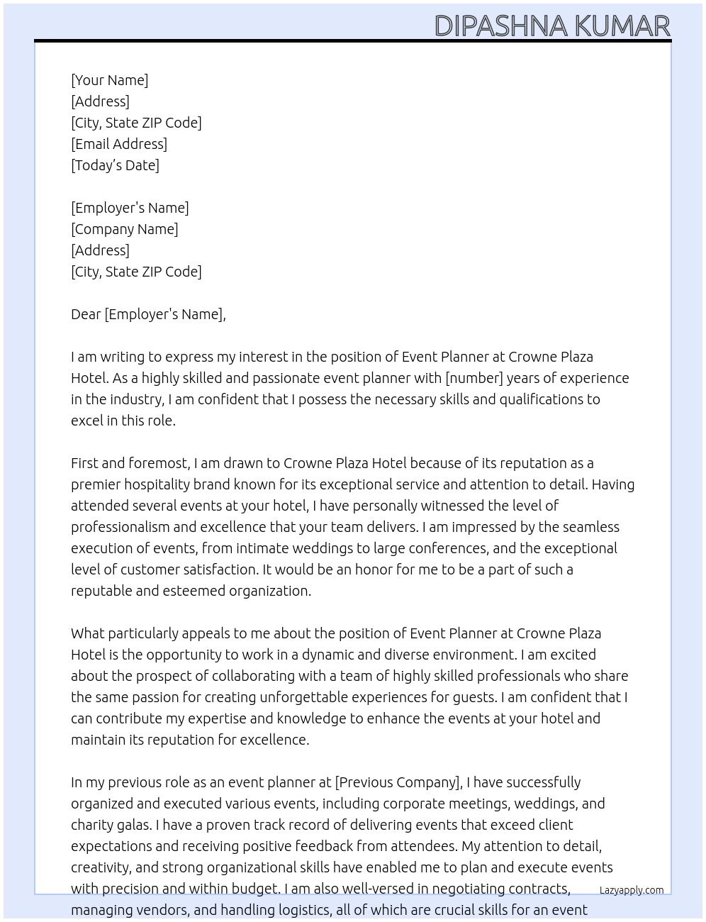 Event planner At Crowne plaza hotel Cover Letter