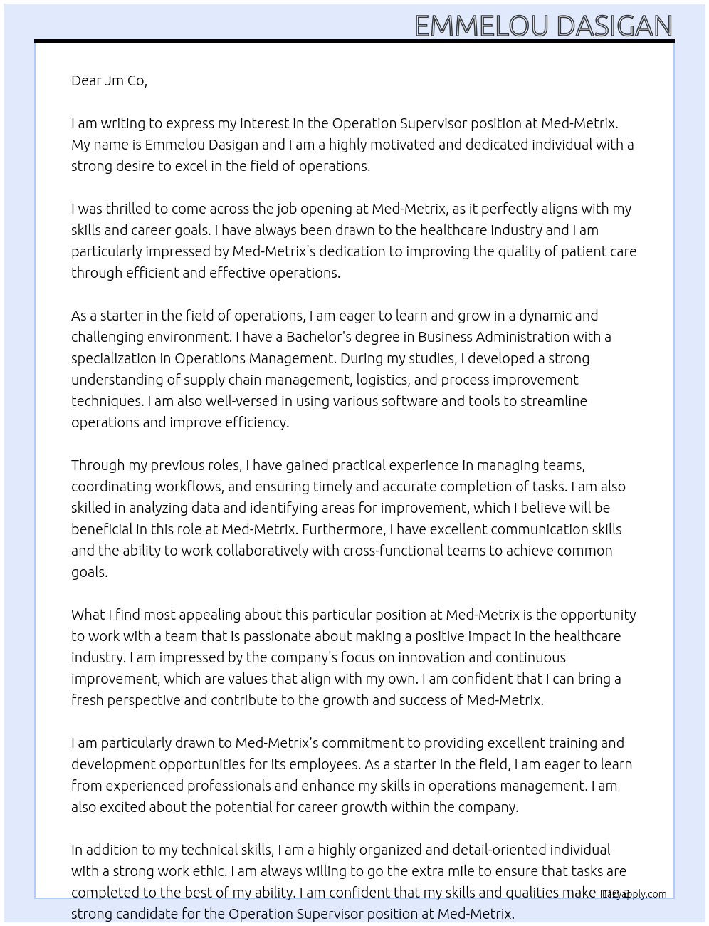 Operation Supervisor At Med-Metrix Cover Letter