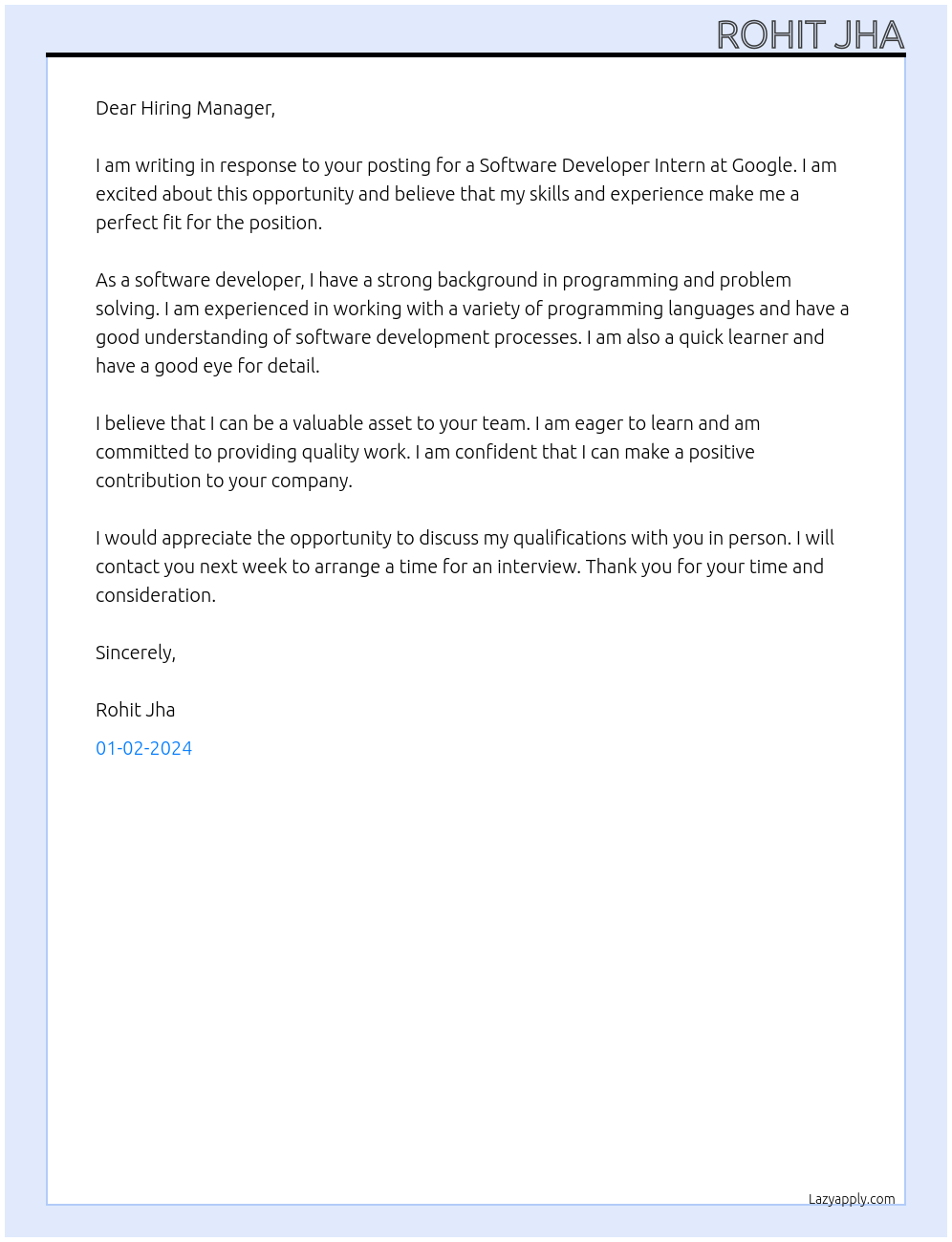Software developer intern At Google Cover Letter
