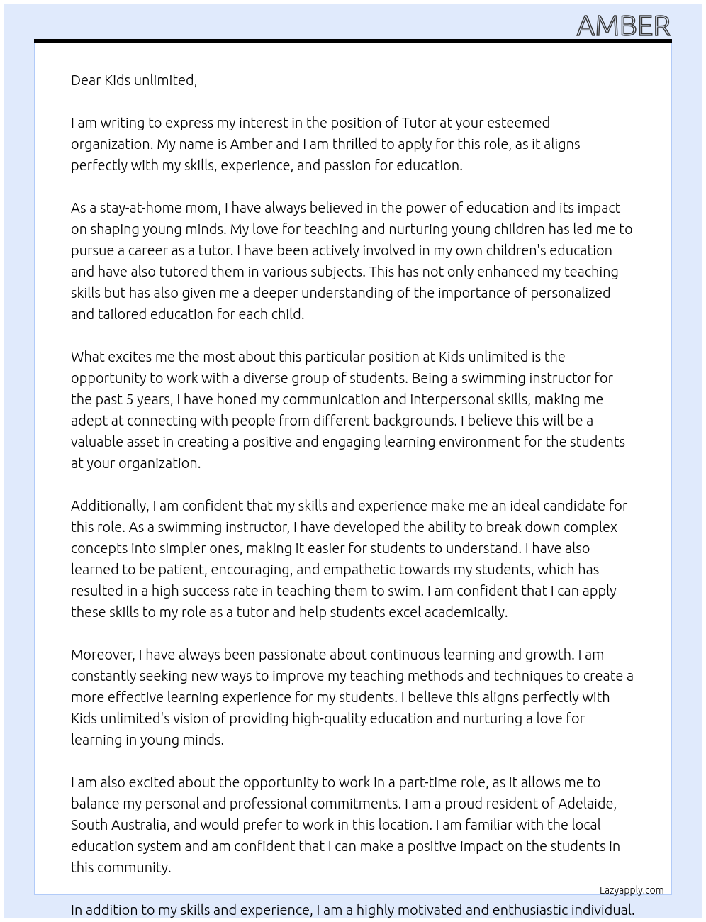 Tutor At Kids unlimited Cover Letter