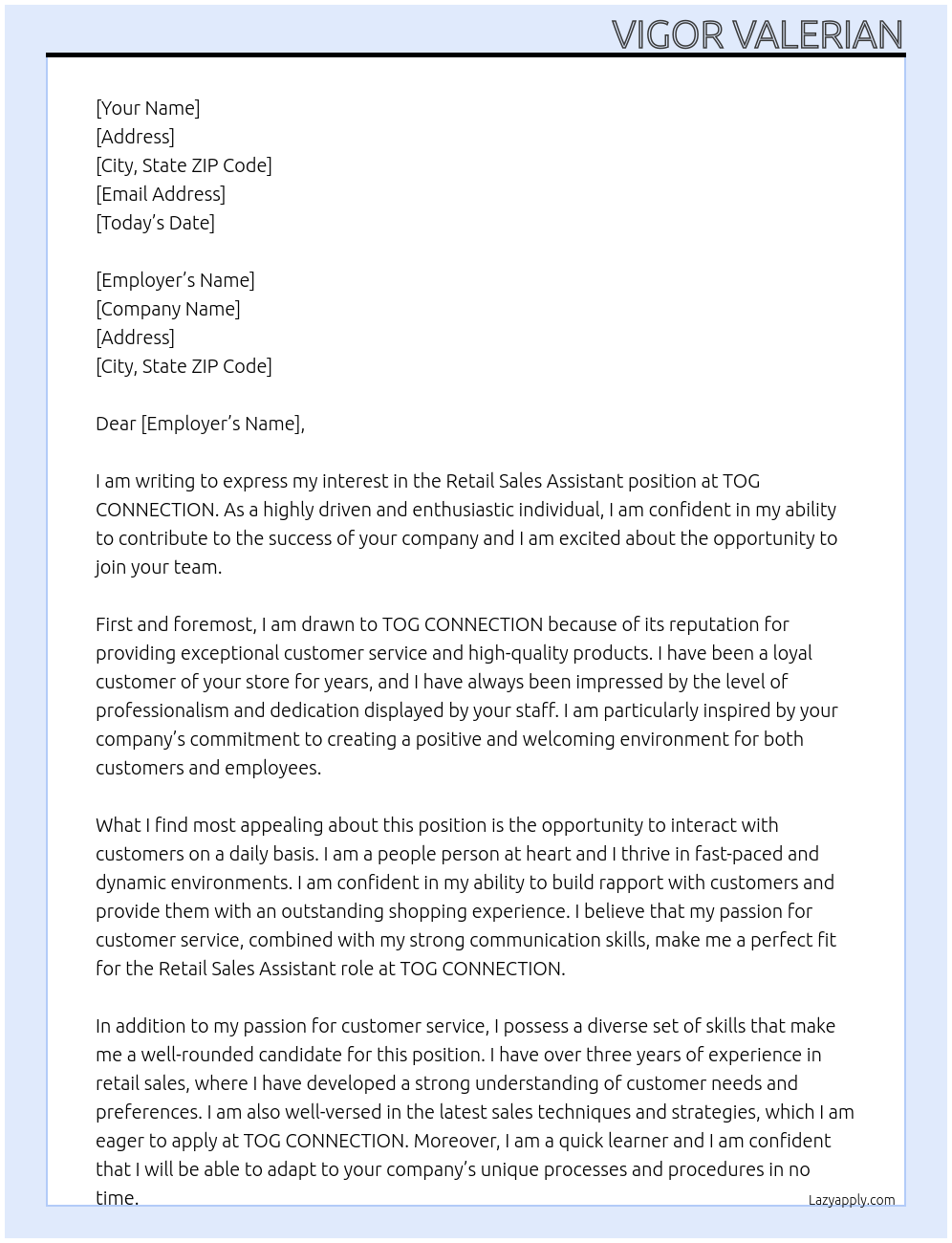 Retail Sales Assistant At TOG CONNECTION Cover Letter