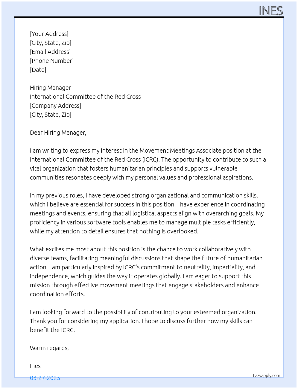 Movement Meetings Associate At International Committee of the Red Cross Cover Letter