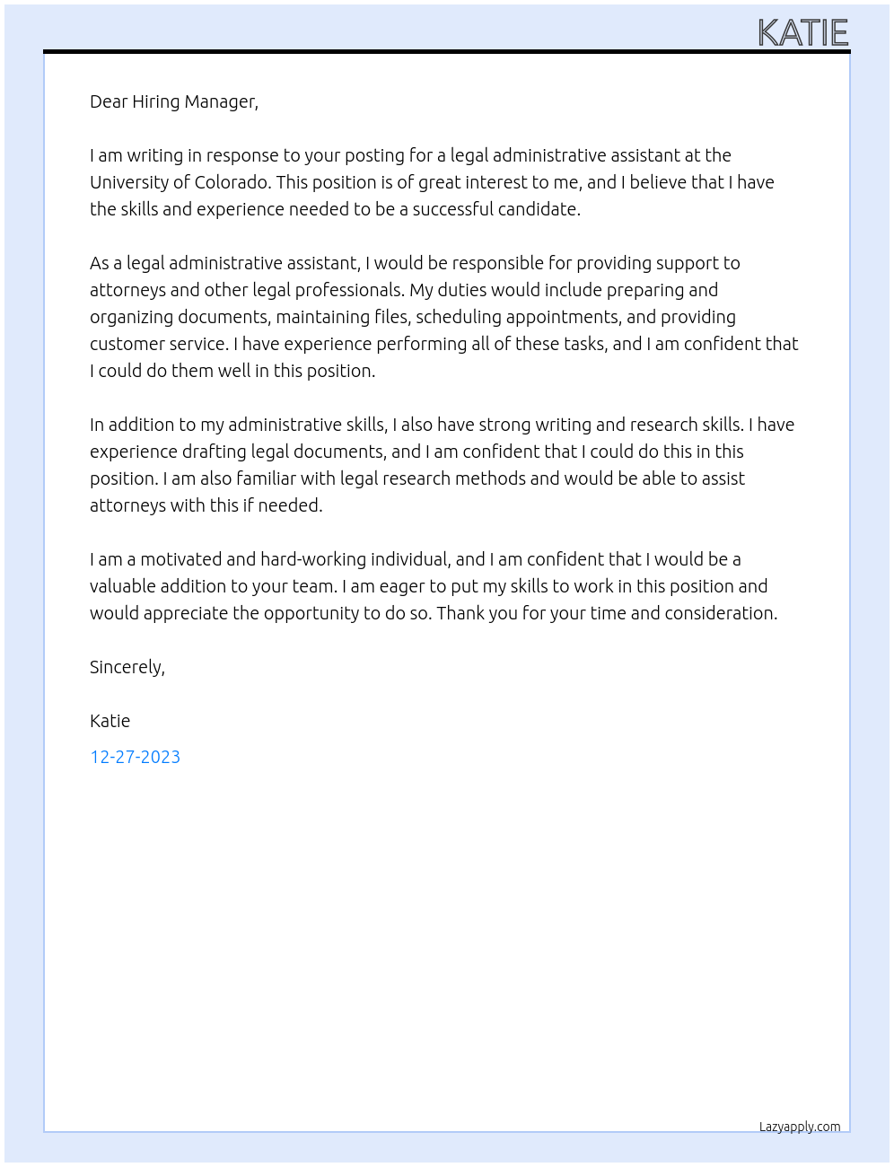 legal administrative assistant At university of colorado Cover Letter