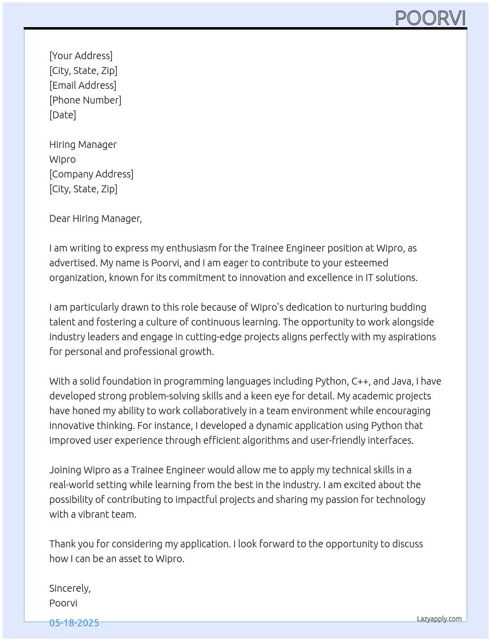 Trainee engineer At Wipro Cover Letter