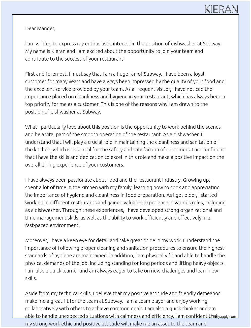 dishwasher At Subway Cover Letter