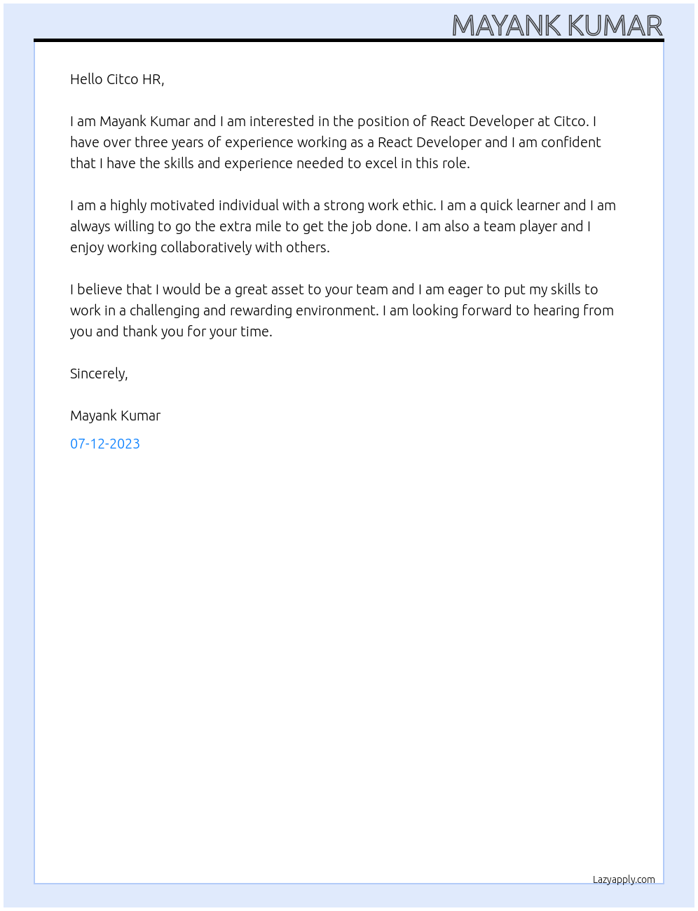 React Developer At Citco Cover Letter