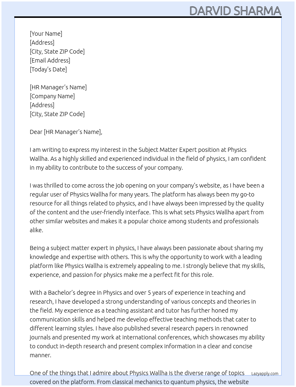 Subject matter expert  At Physics wallha Cover Letter