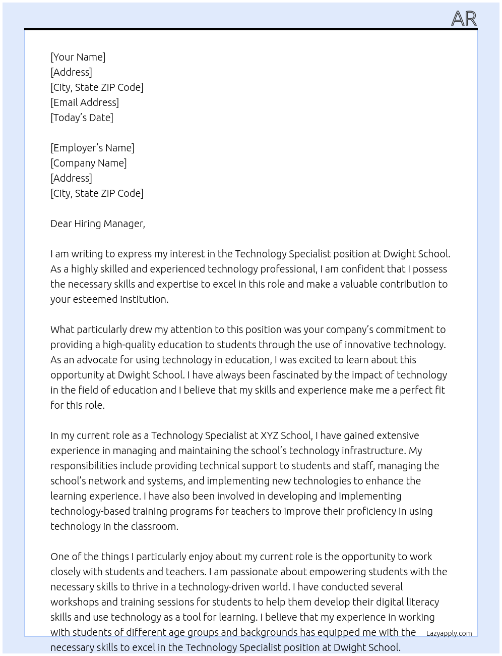 Technology Specialist At Dwight School Cover Letter