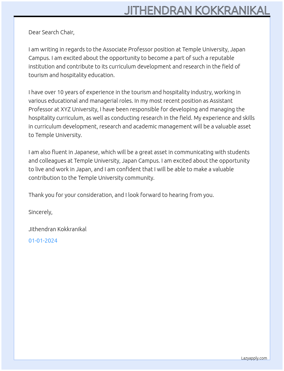 Associate Professor At Temple University, Japan Campus Cover Letter