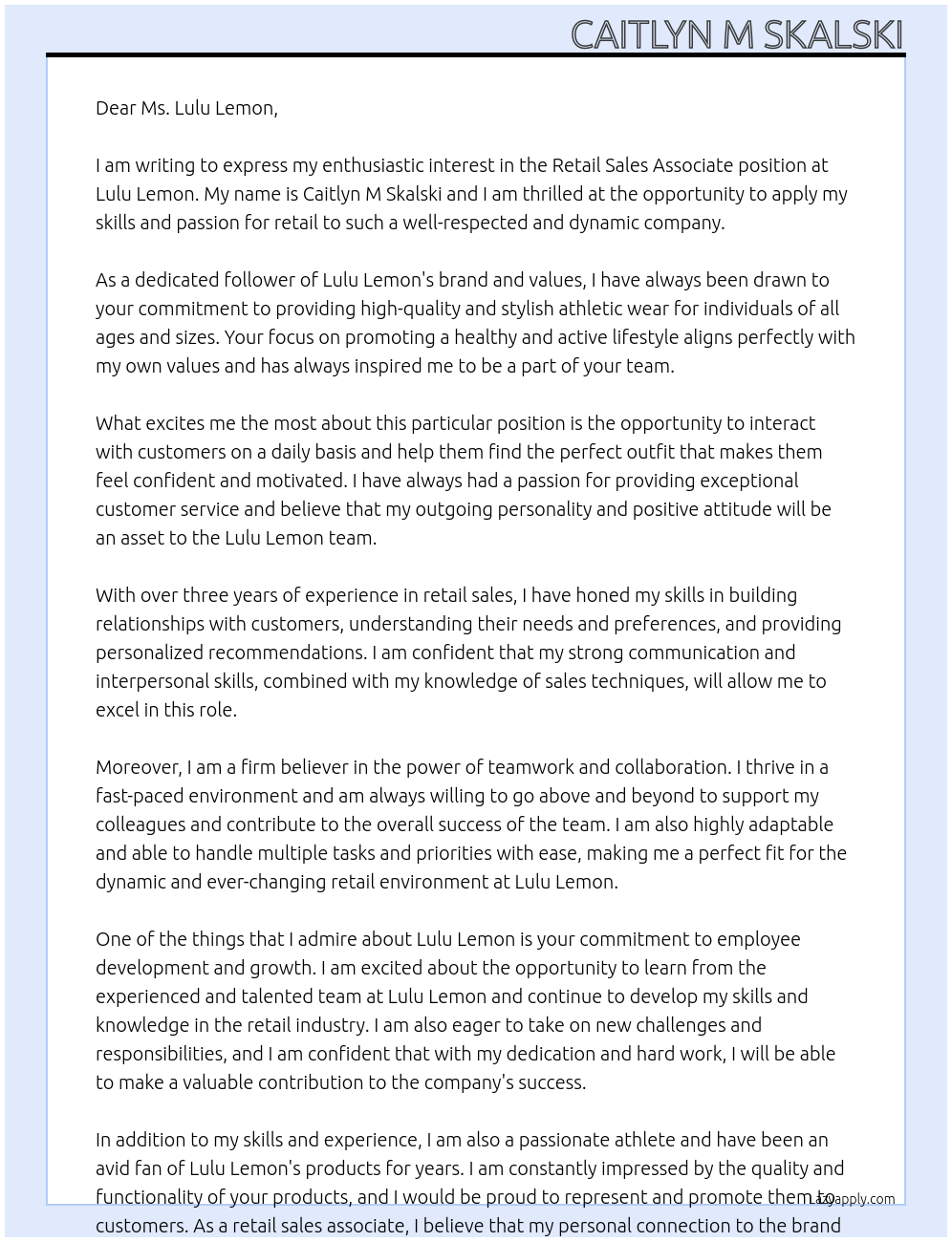 retail sales associate At Lulu Lemon Cover Letter