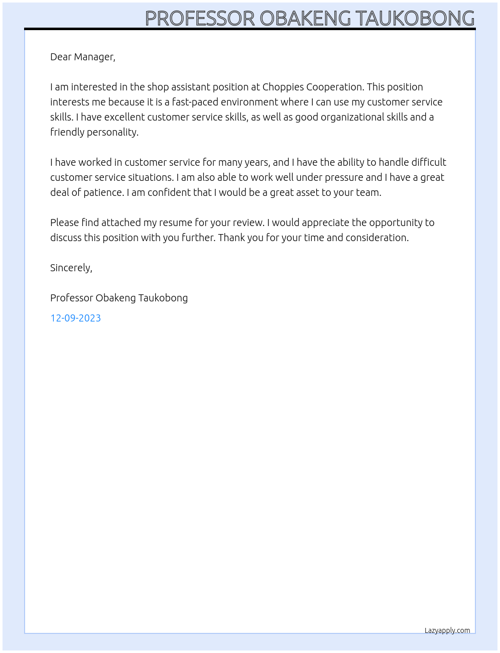 shop assistant At Choppies Cooperation Cover Letter