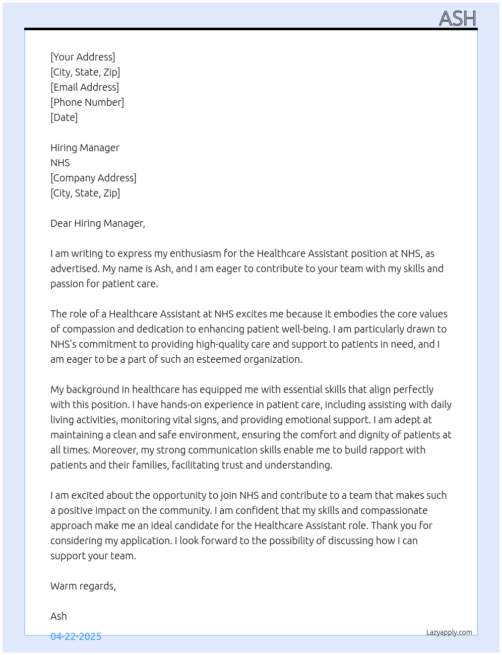 Healthcare Assistant At NHS Cover Letter