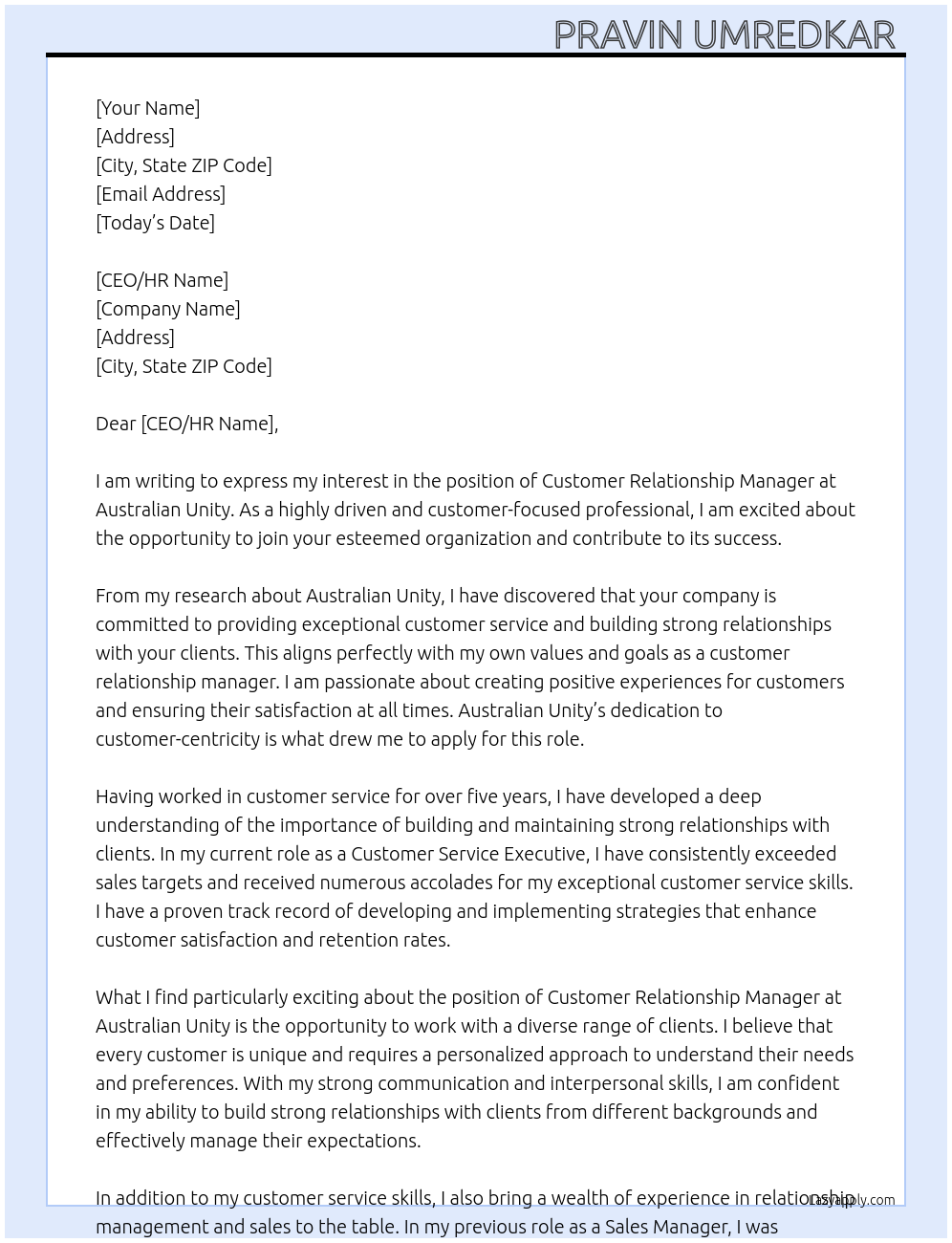 Customer relationship manager At Australian unity Cover Letter