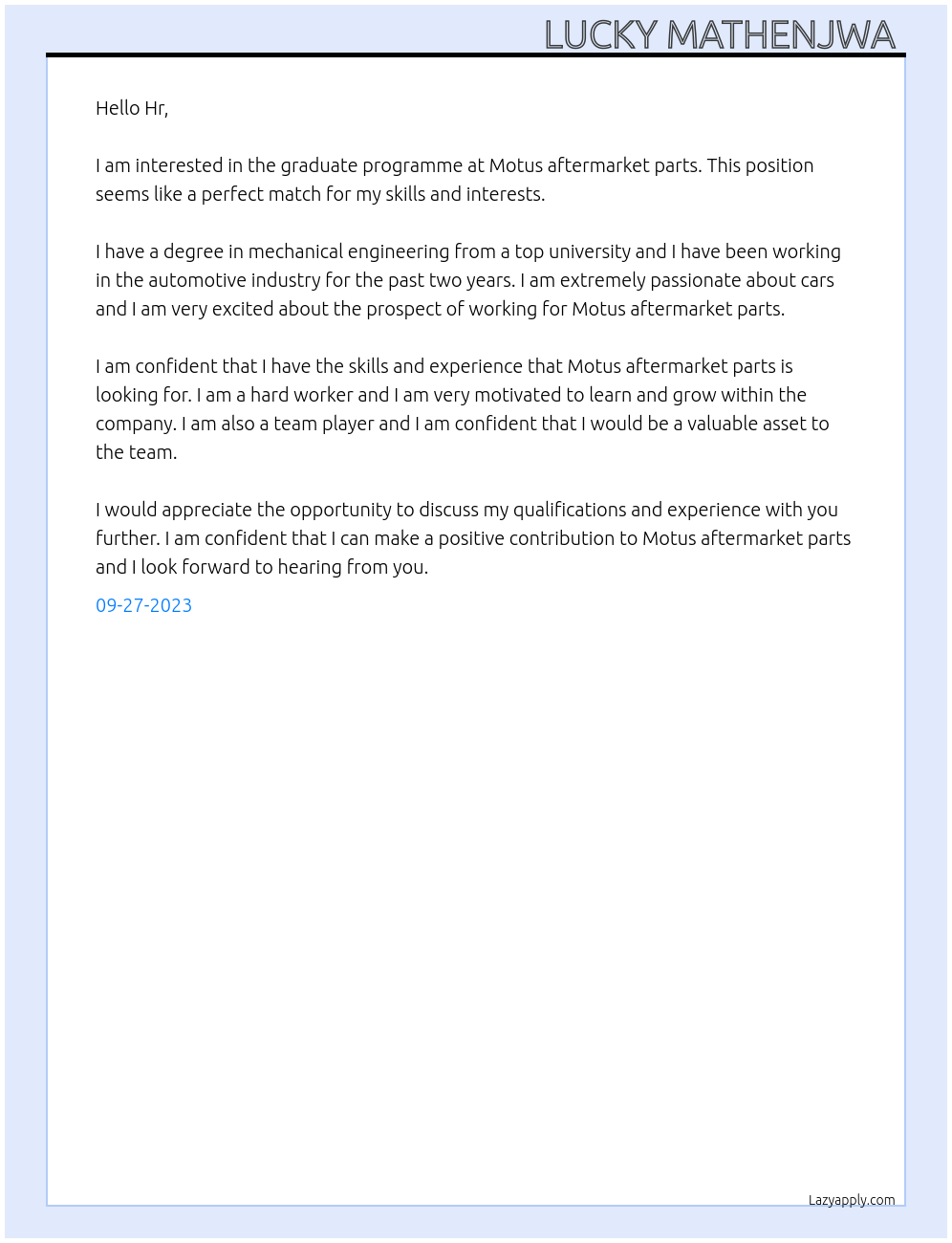 Graduate programme At Motus aftermarket parts Cover Letter