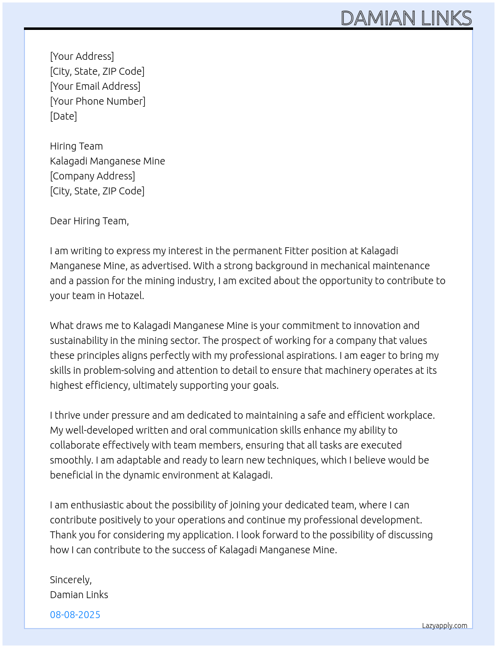 Fitter At Kalagadi Manganese Mine Cover Letter