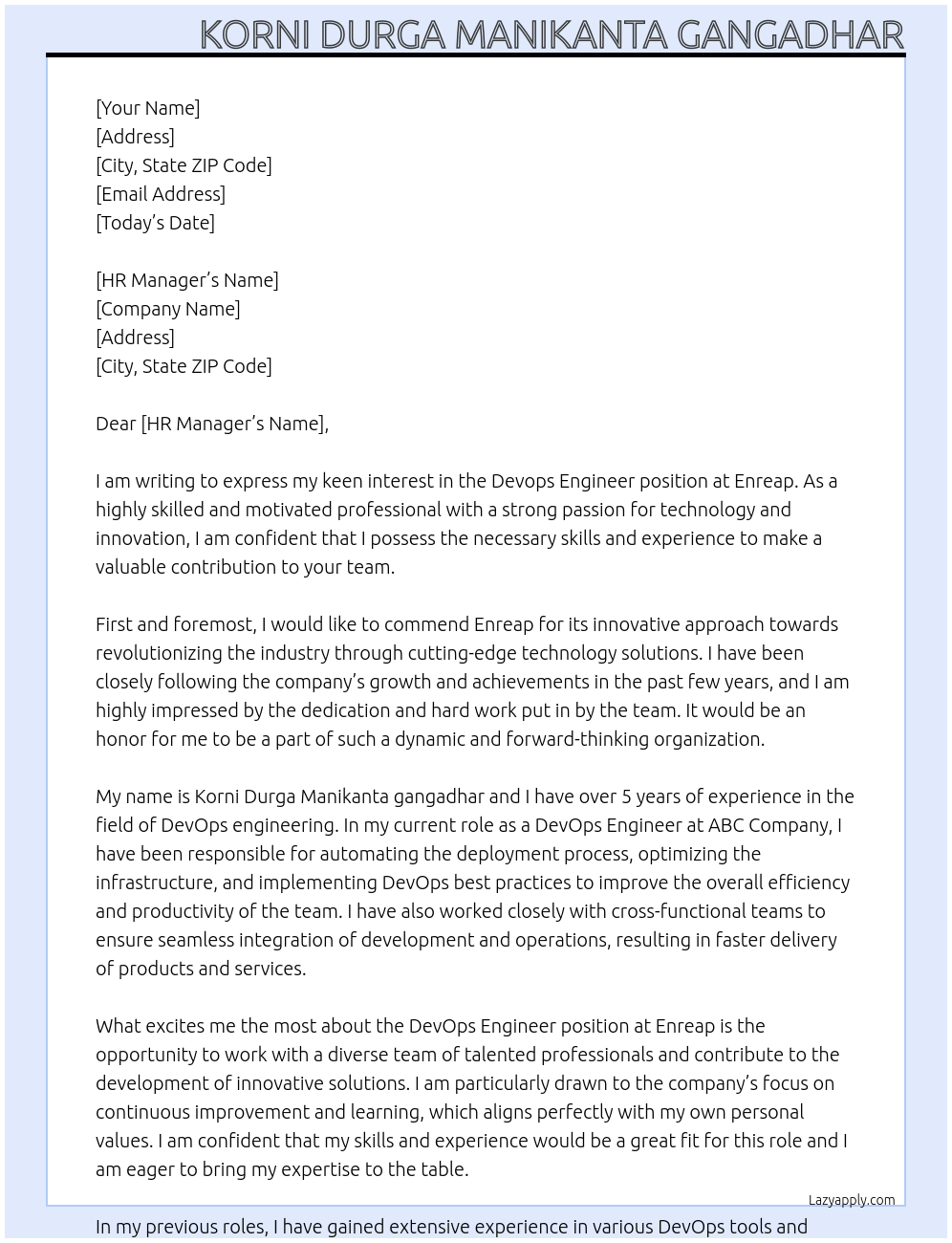 Devops engineer At Enreap Cover Letter