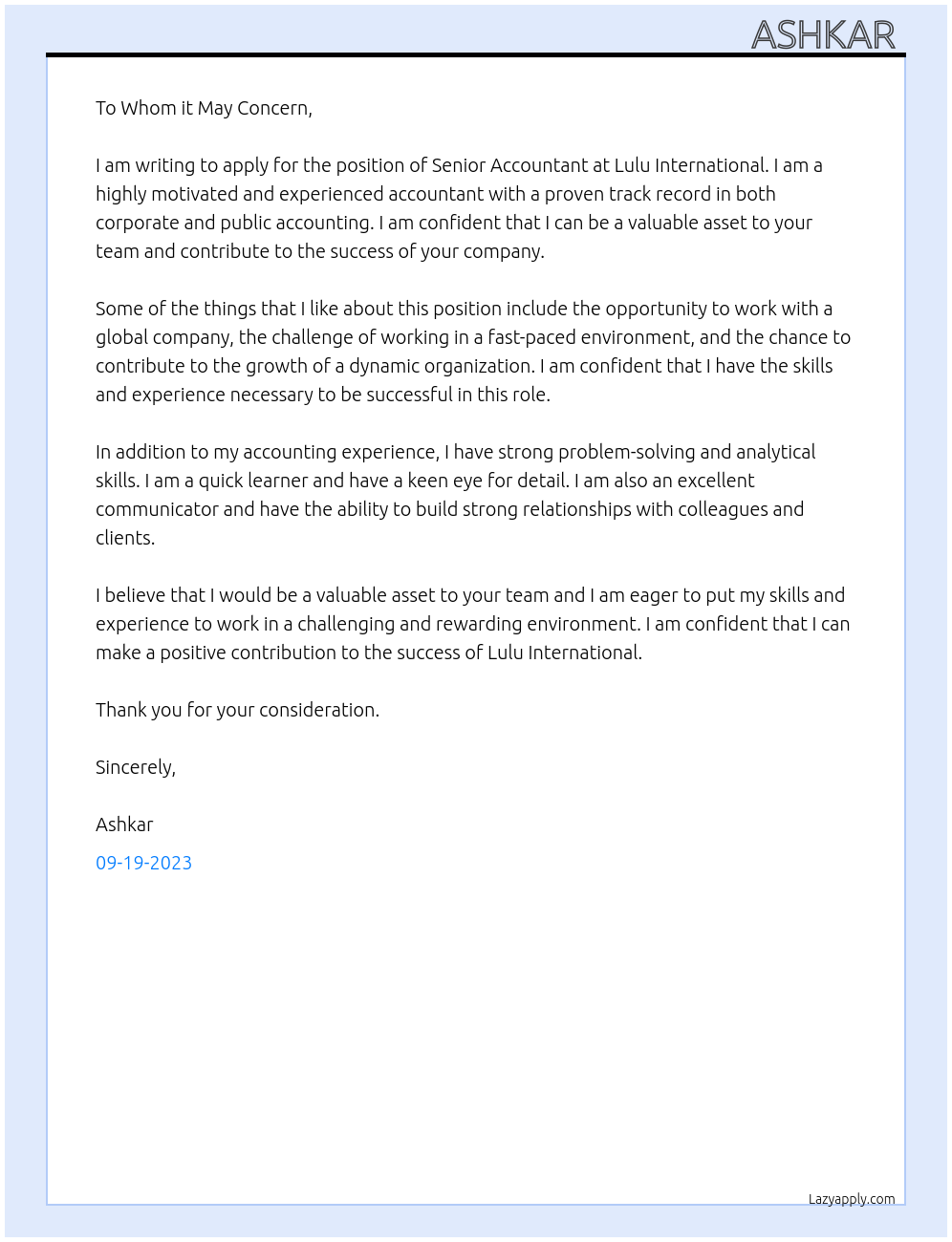 Senior Accountant At Lulu International Cover Letter