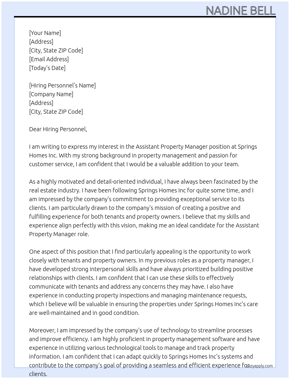 Assistant property manager At Springs Homes Inc Cover Letter