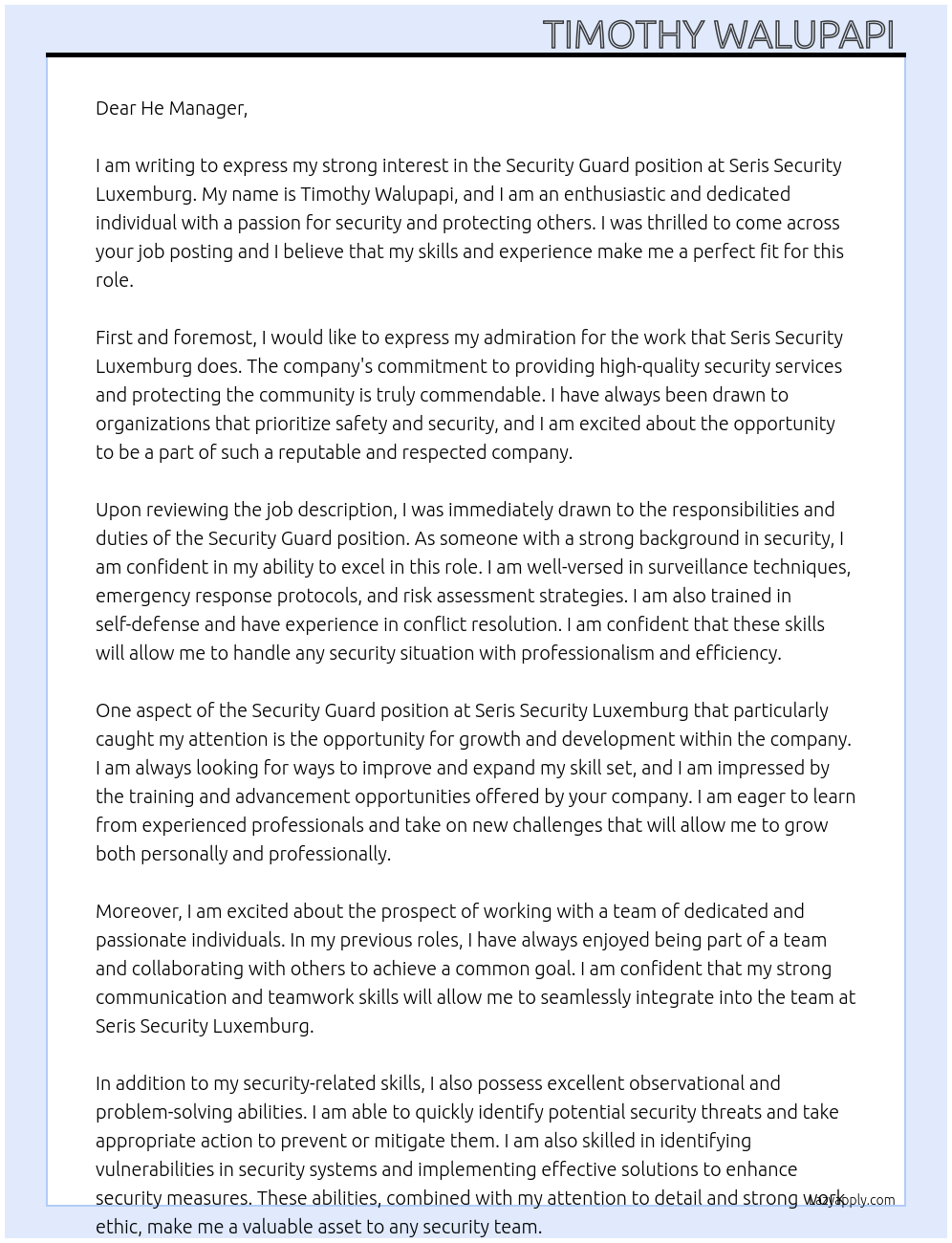 Security guard At Seris security luxemburg Cover Letter