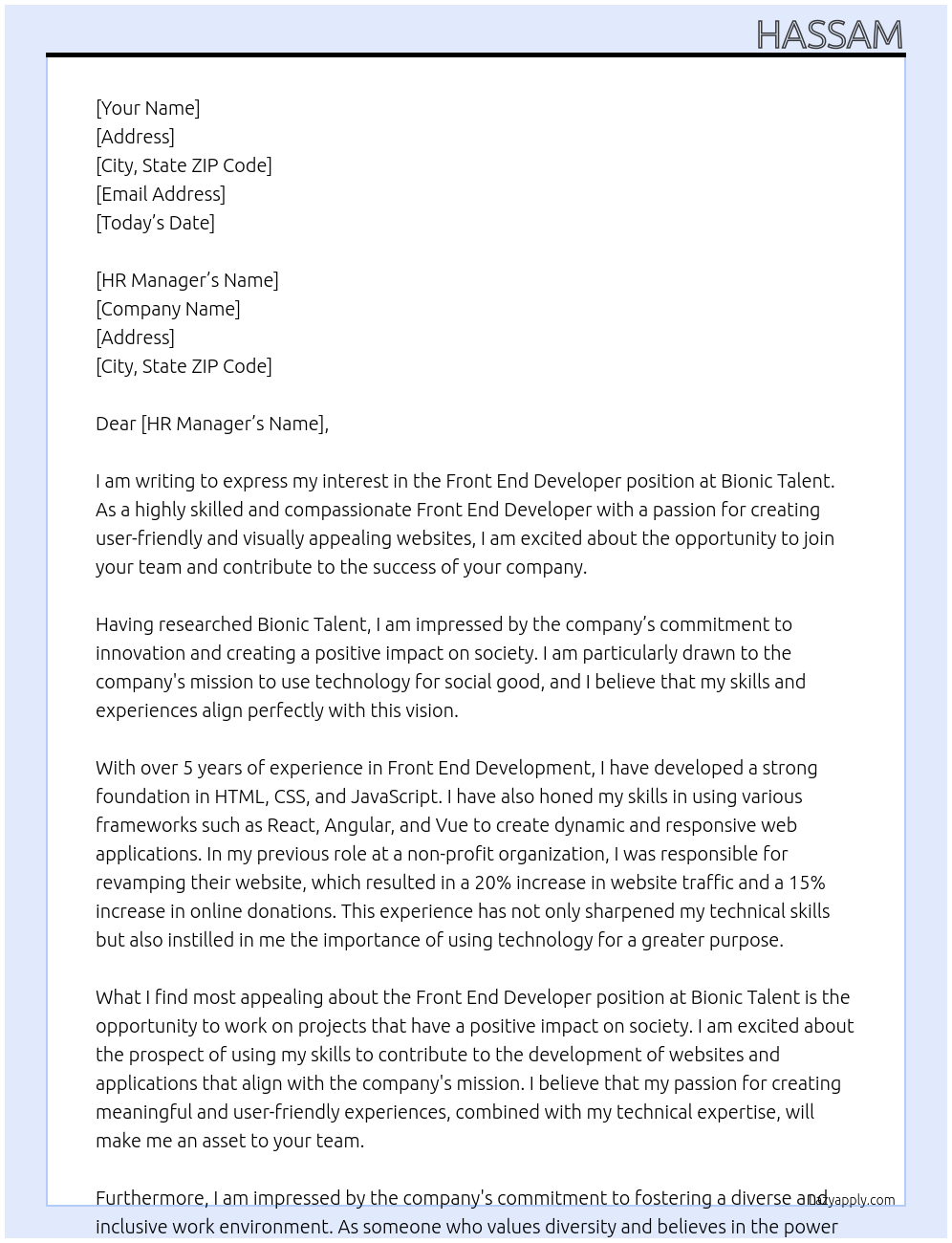 Front End Developer At Bionic Talent Cover Letter