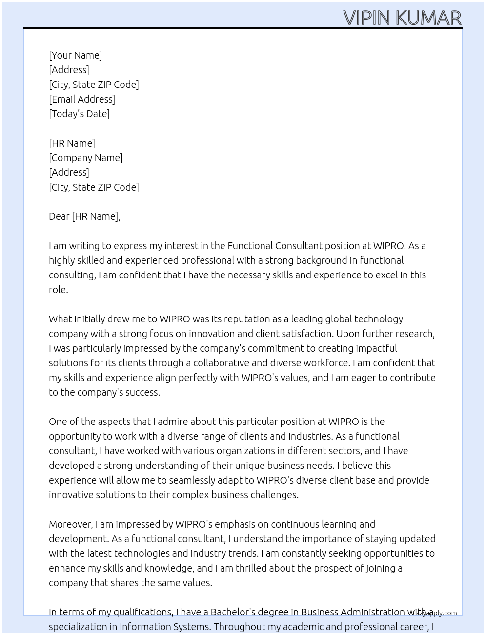 Functional Consultant At WIPRO Cover Letter