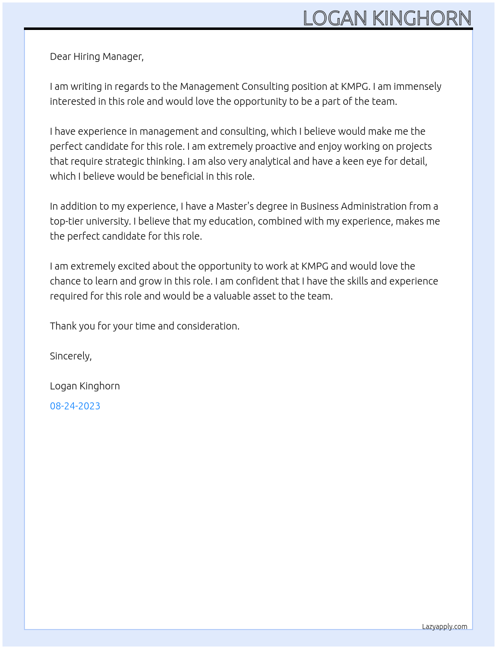 Management Consulting At KMPG Cover Letter