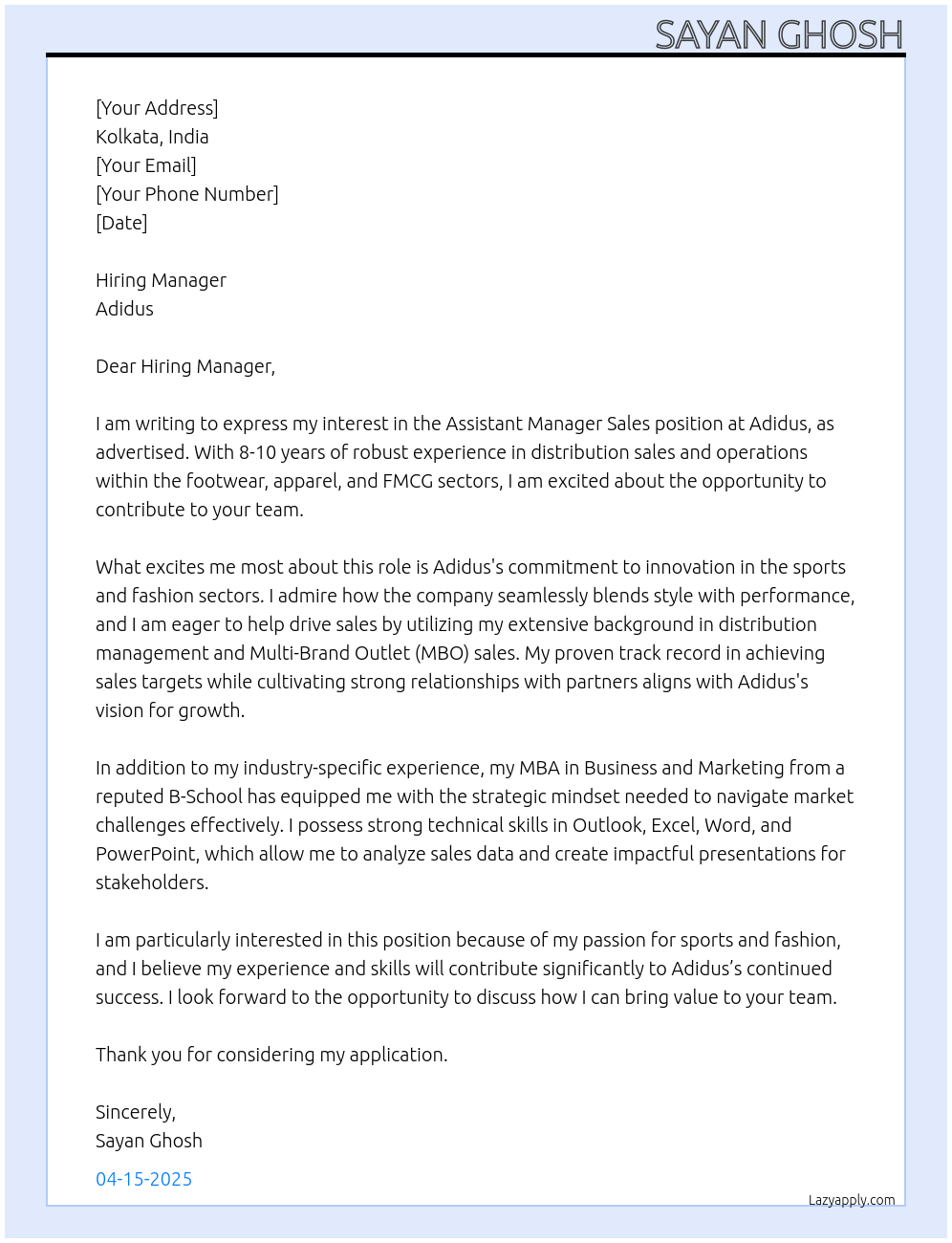 Cover letter for assistant manager sales - LazyApply