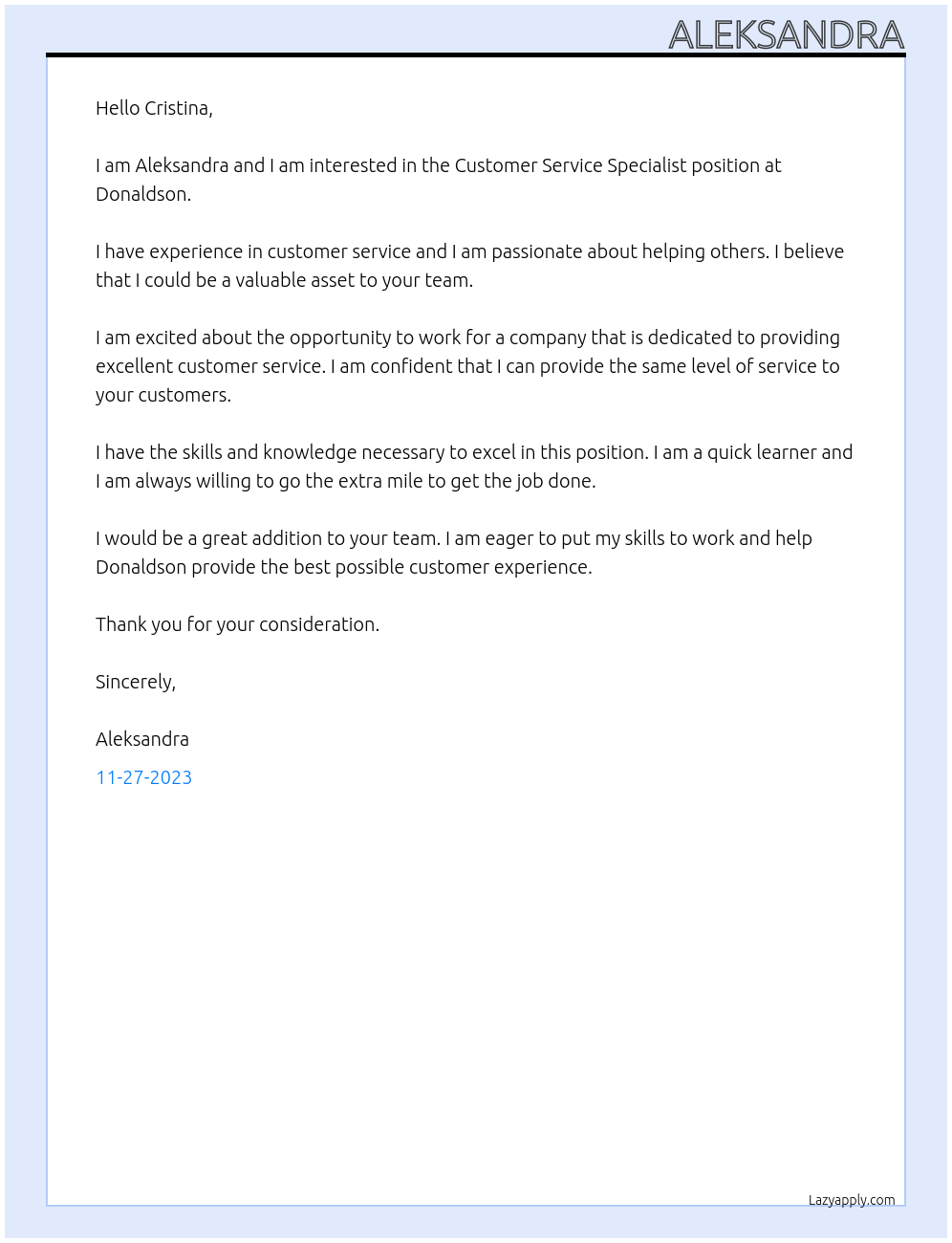 Customer Service Specialist At Donaldson Cover Letter