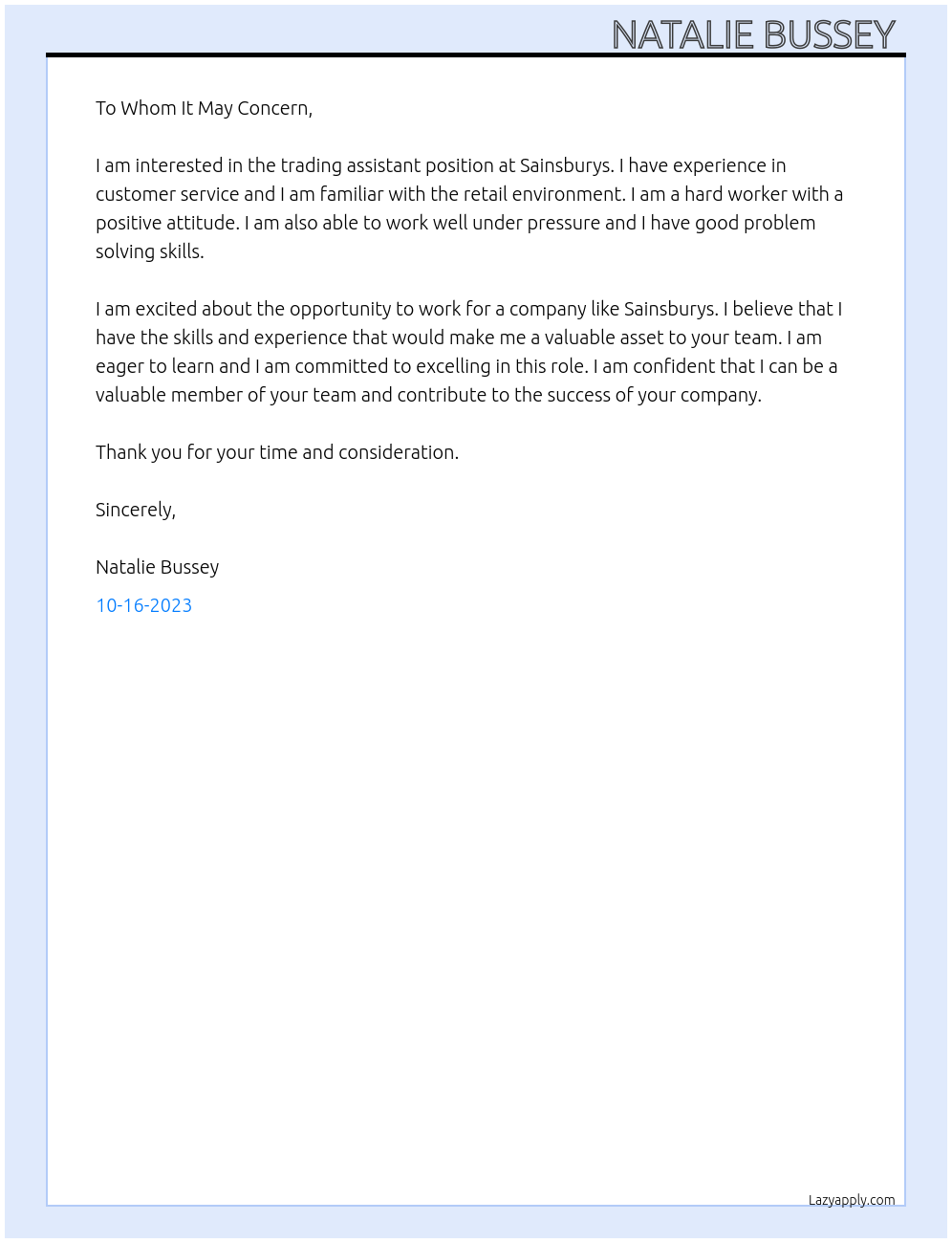 Trading assistant  At Sainsburys  Cover Letter