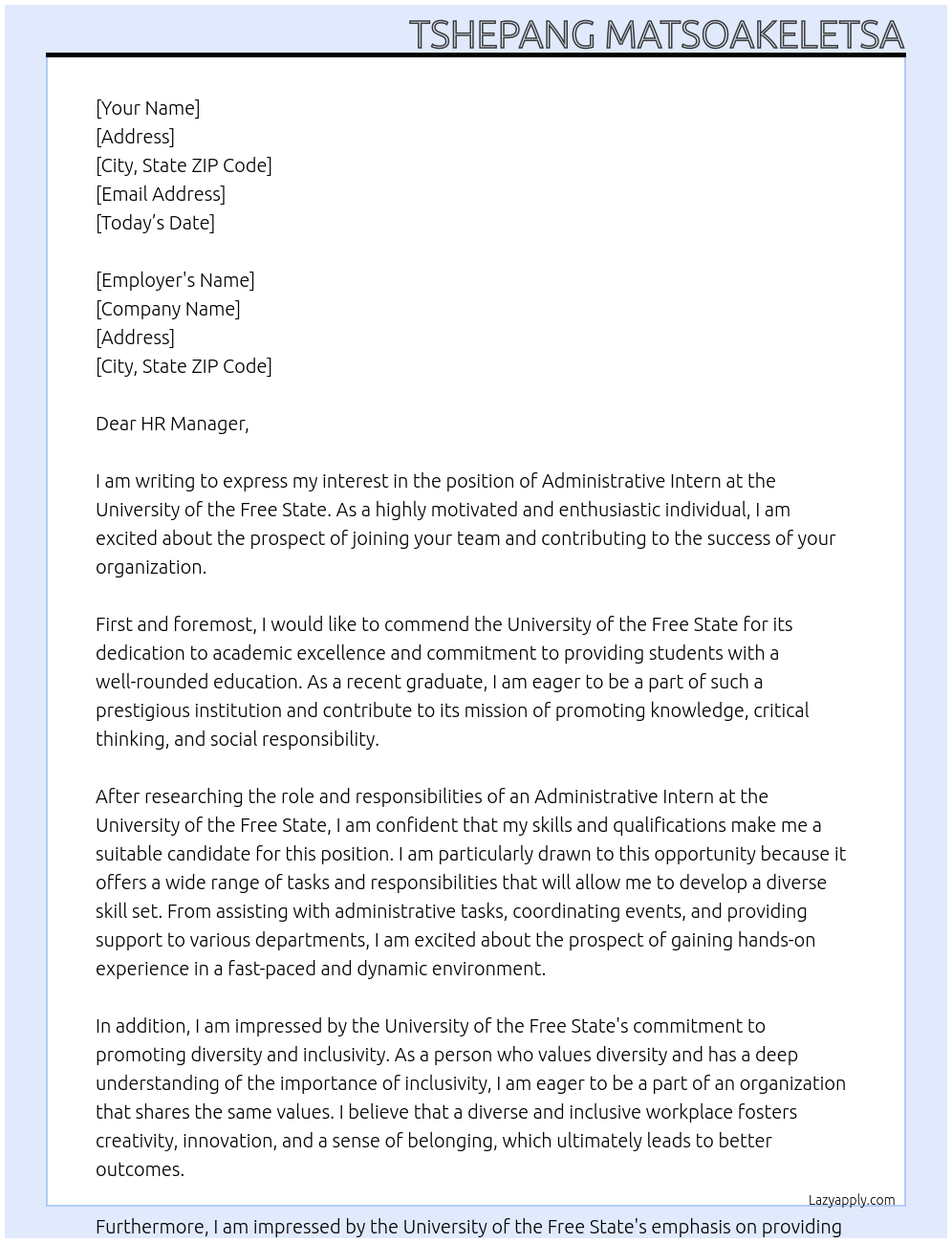 Administrative intern At University of the free state Cover Letter