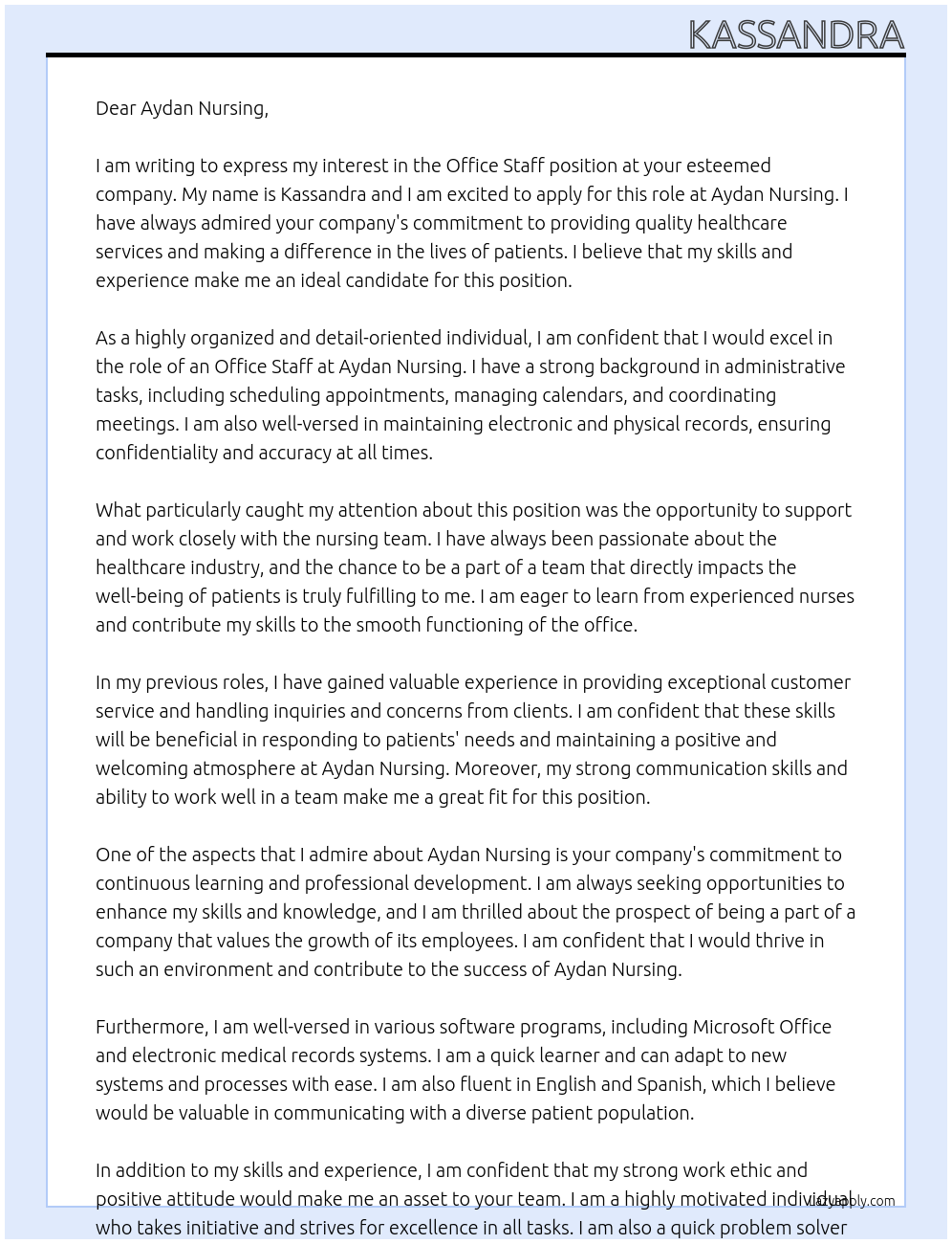 Office Staff At Aydan Nursing Cover Letter