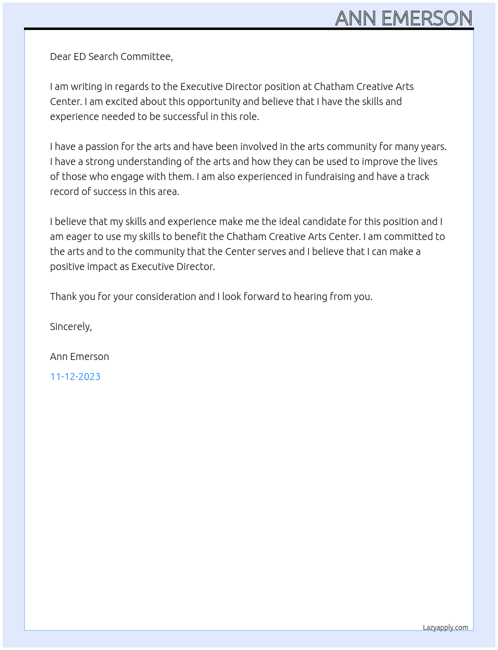 Executive Director At Chatham Creative Arts Center Cover Letter