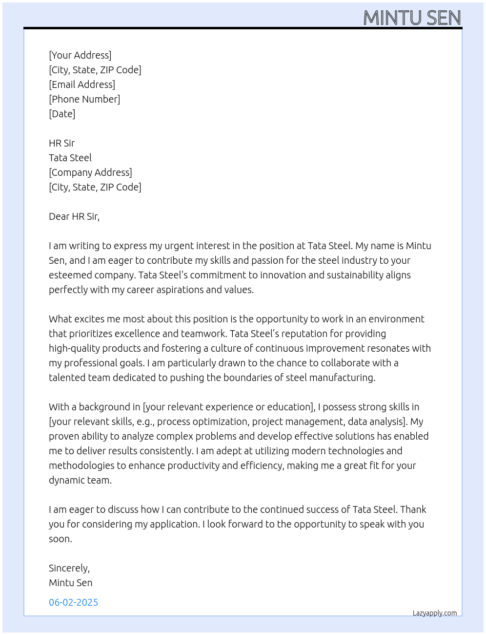 Tata steel At Tata steel Cover Letter