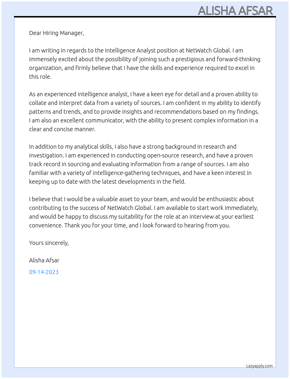 Intelligence Analyst At NetWatch Global Cover Letter