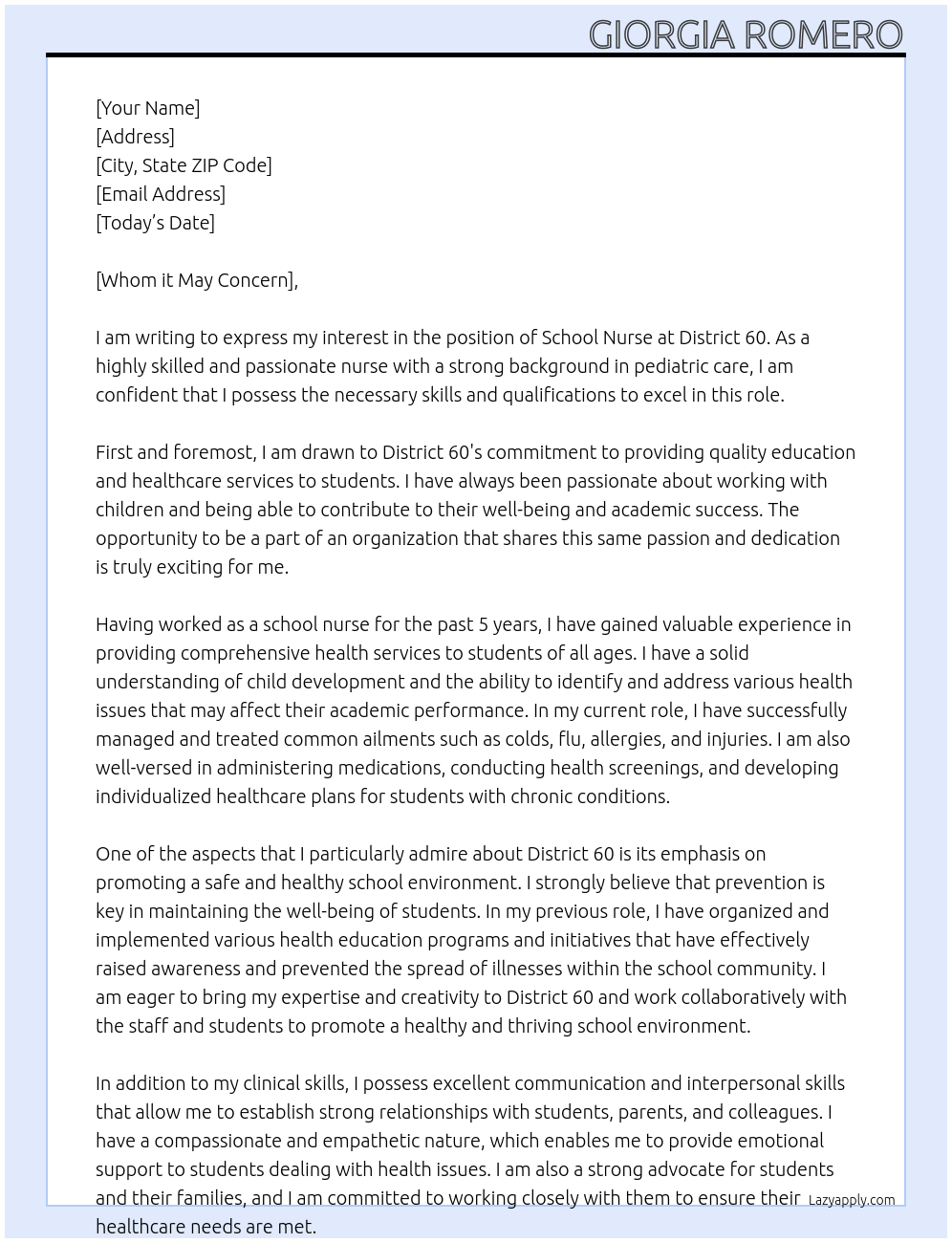 School nurse At District 60 Cover Letter