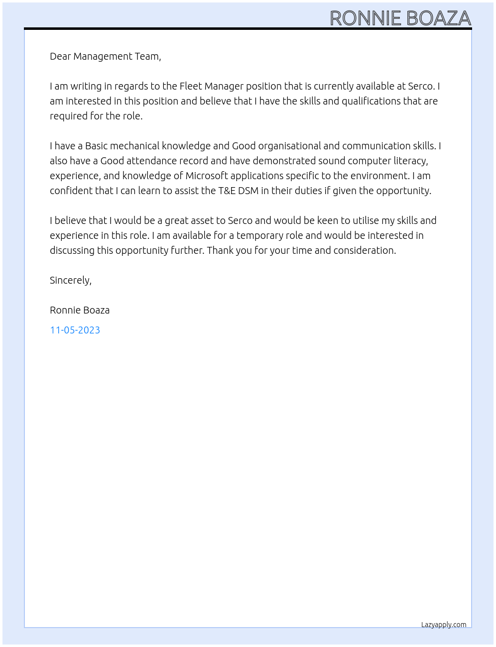 Fleet Manager At Serco Cover Letter