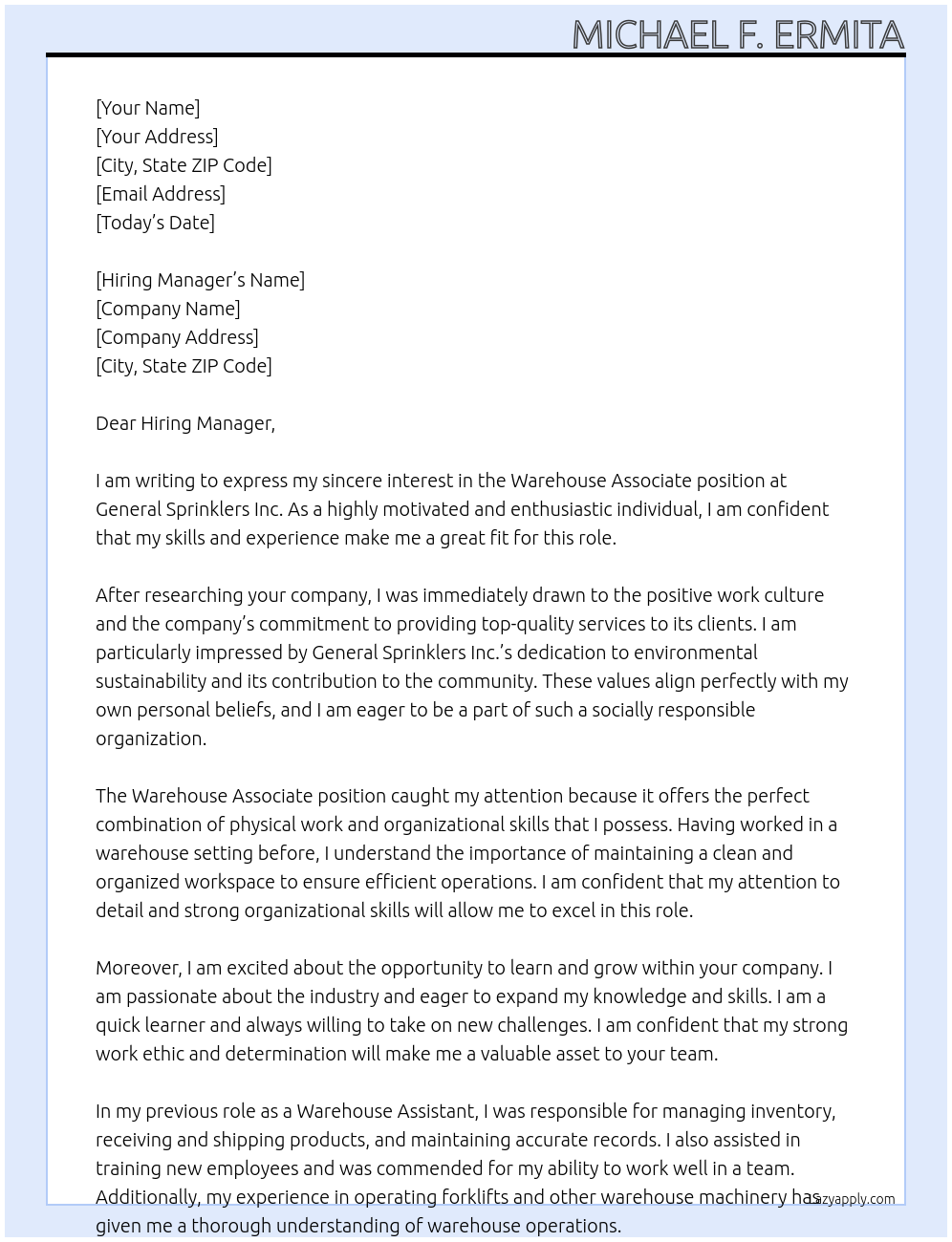 Warehouse Associate At General Sprinklers Inc. Cover Letter