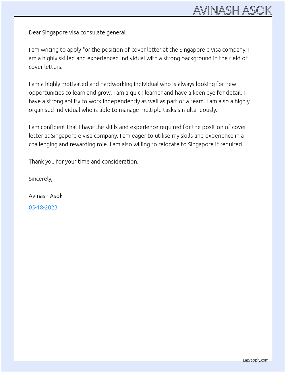 Cover letter At Singapore e visa Cover Letter