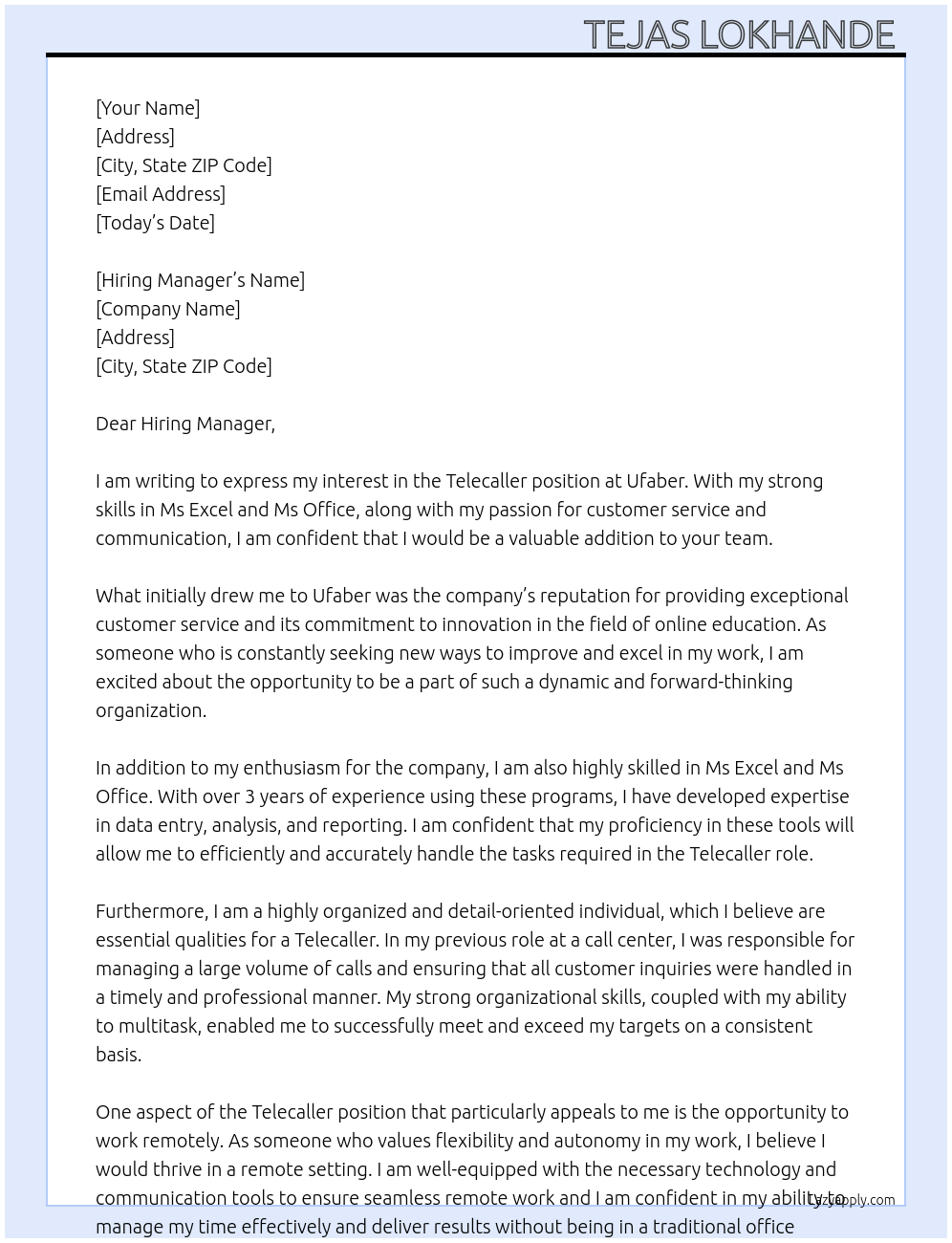 Telecaller At Ufaber Cover Letter