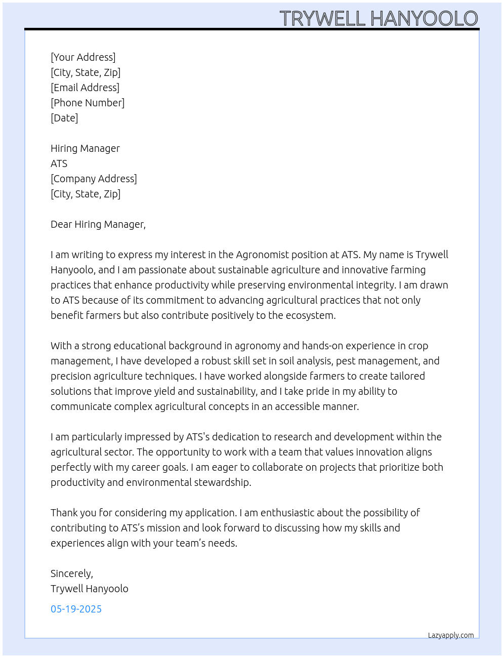 agronomist At ATS Cover Letter