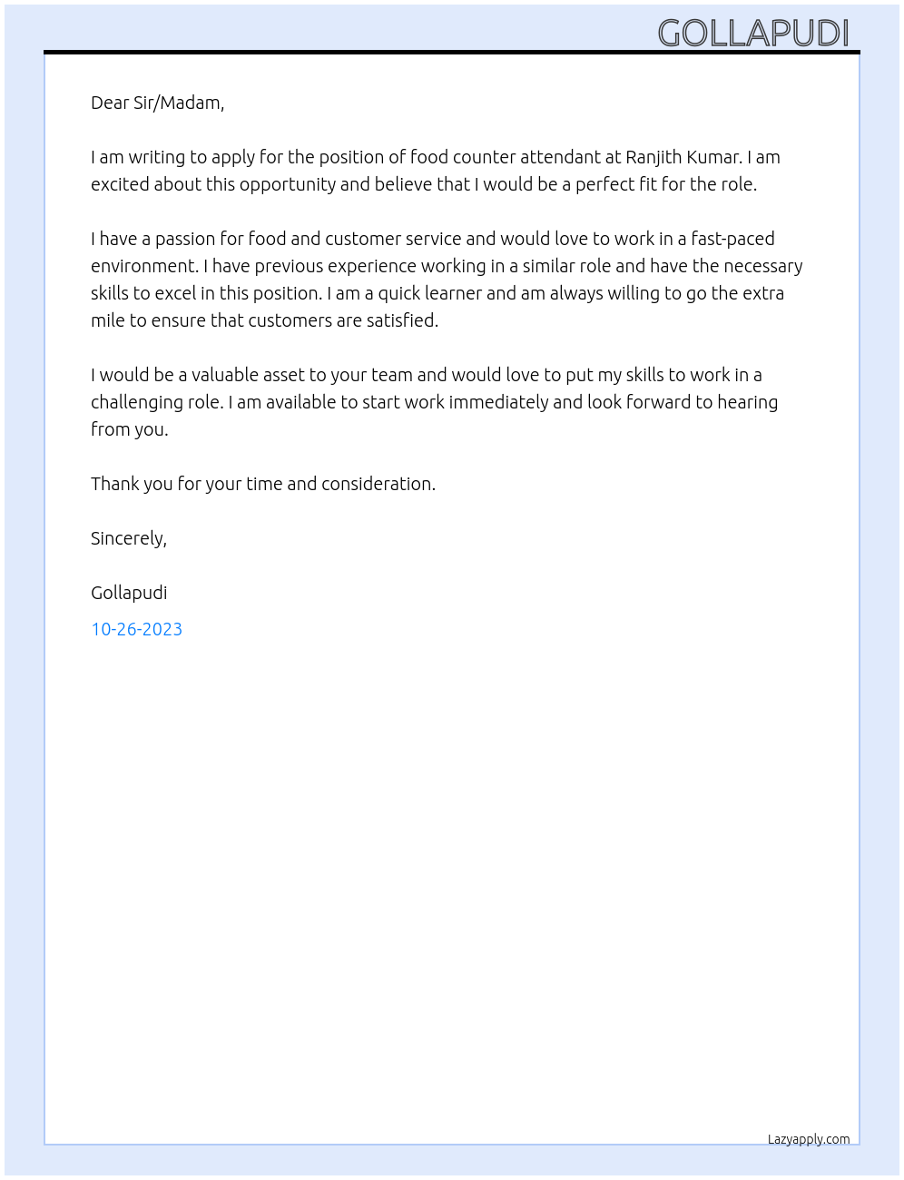 Food counter attendant  At  Ranjith Kumar Cover Letter