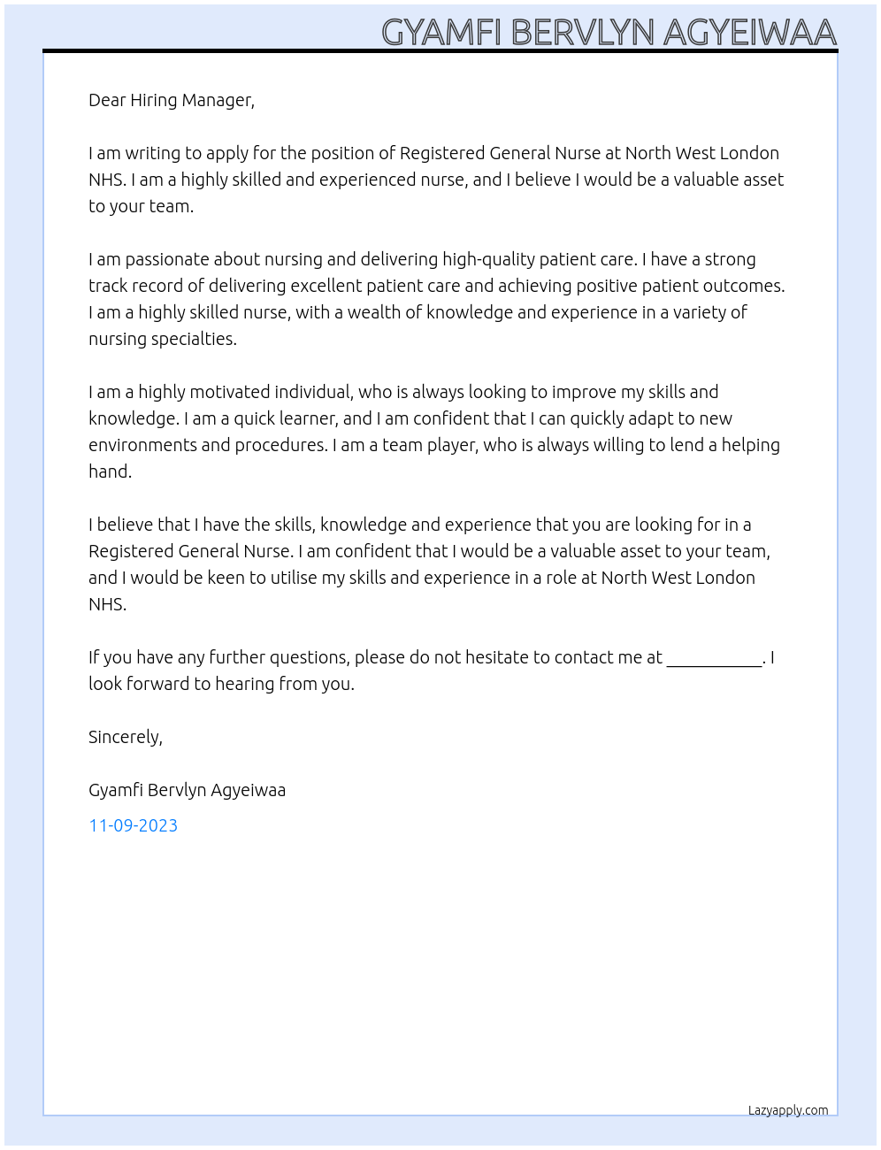 Registered General Nurse At North West London NHS Cover Letter