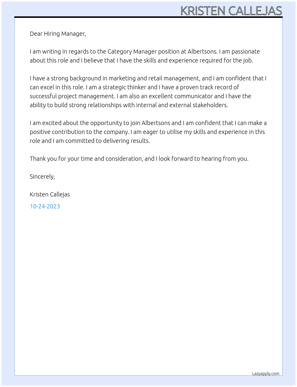 Category Manager At Albertsons Cover Letter