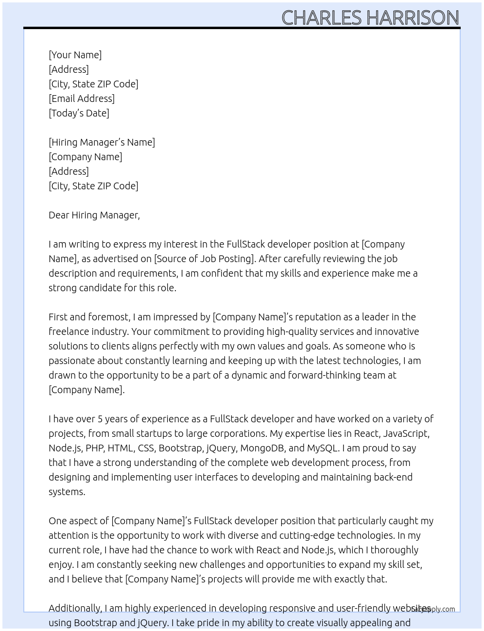 FullStack developer At freelancer Cover Letter