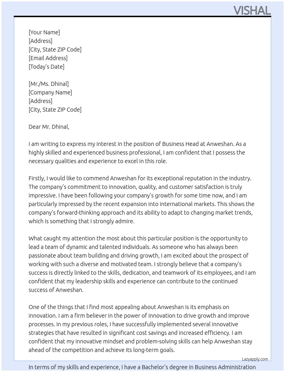 Business Head At Anweshan Cover Letter