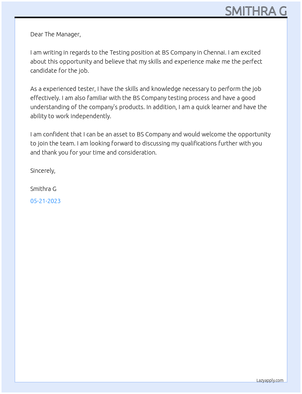 Testing At BS Company Cover Letter