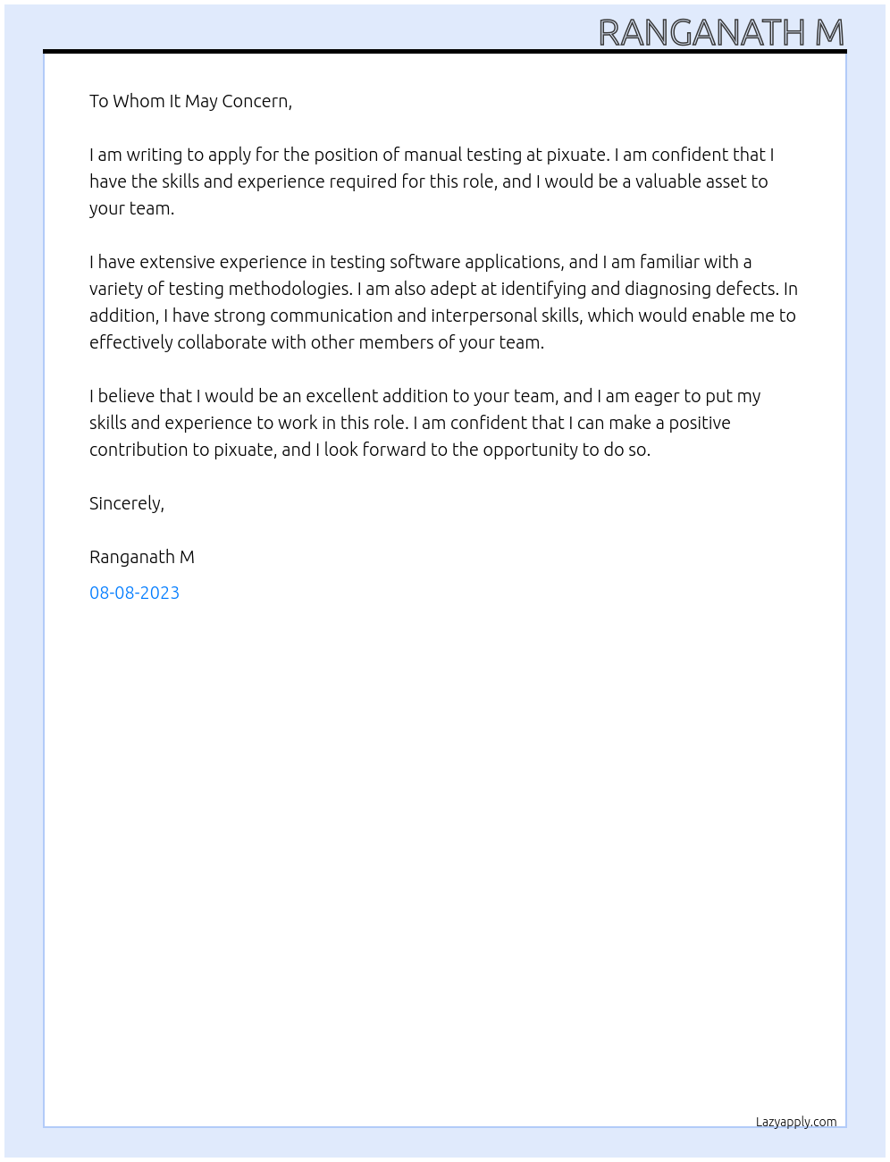 manual testing At pixuate Cover Letter
