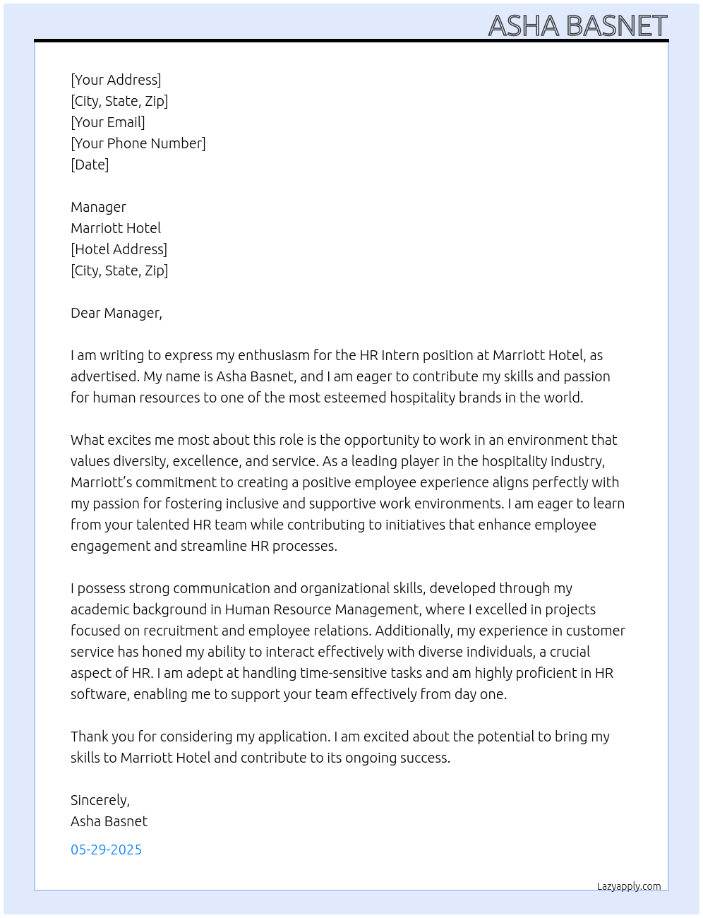 HR Intern At Marriott Hotel Cover Letter