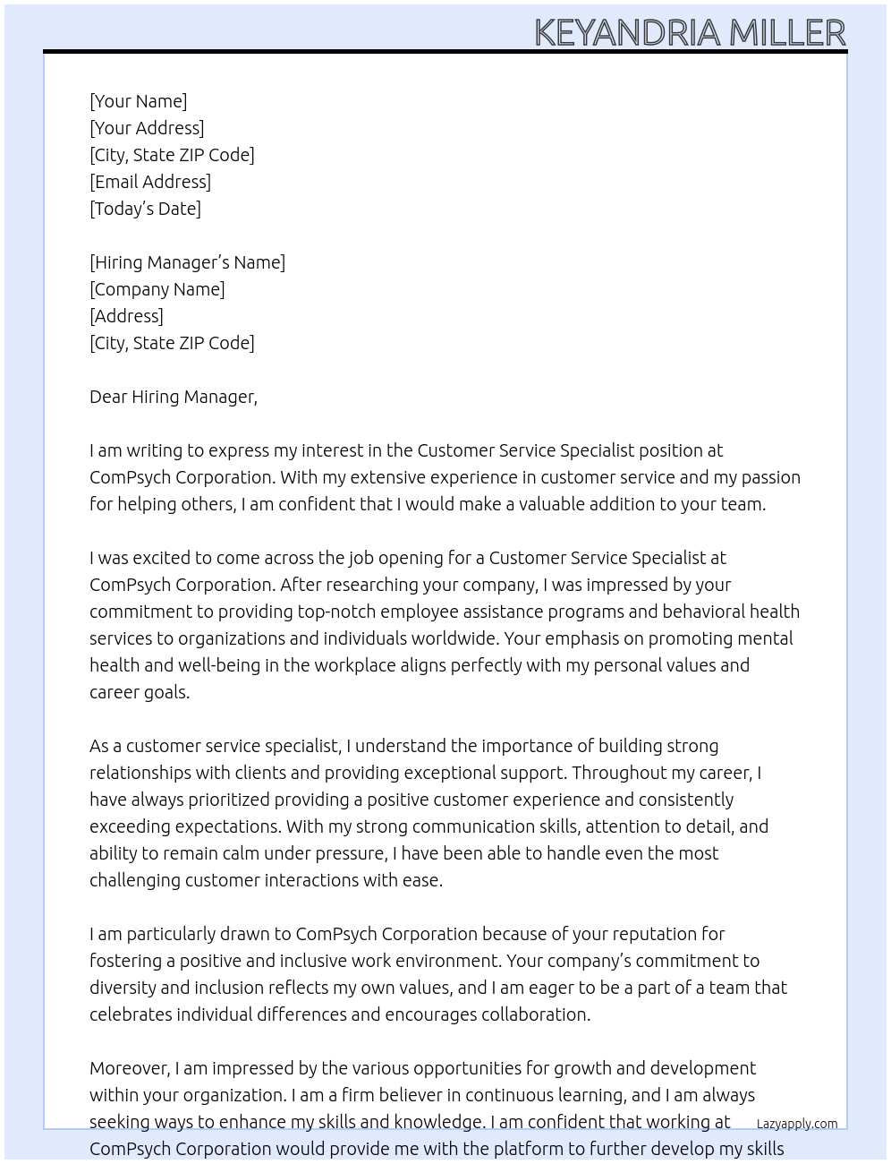 Customer Service Specialist At ComPsych Corporation Cover Letter